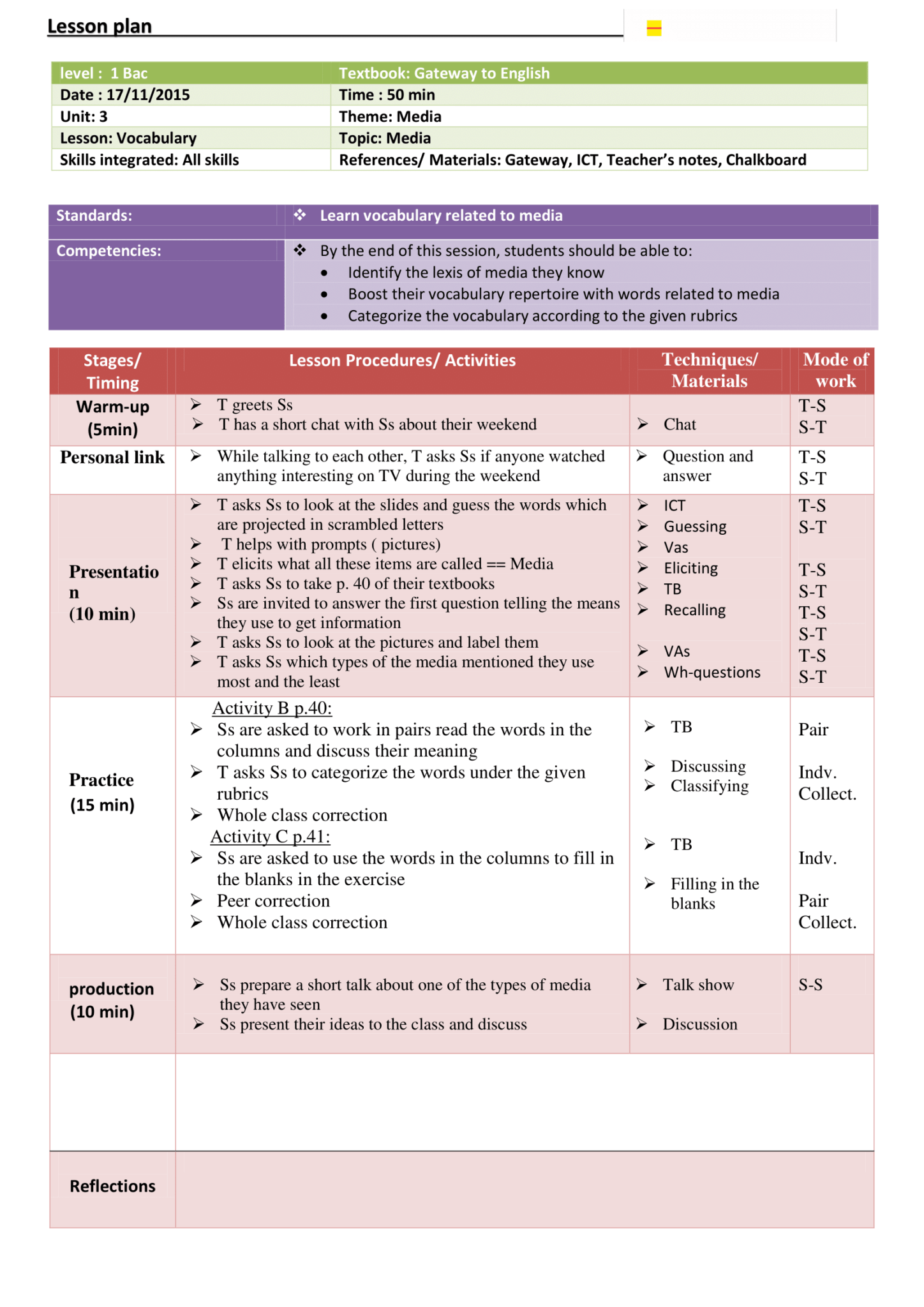 1st Bac - Lesson plan-Vocabulary-Media - Teachingutopians