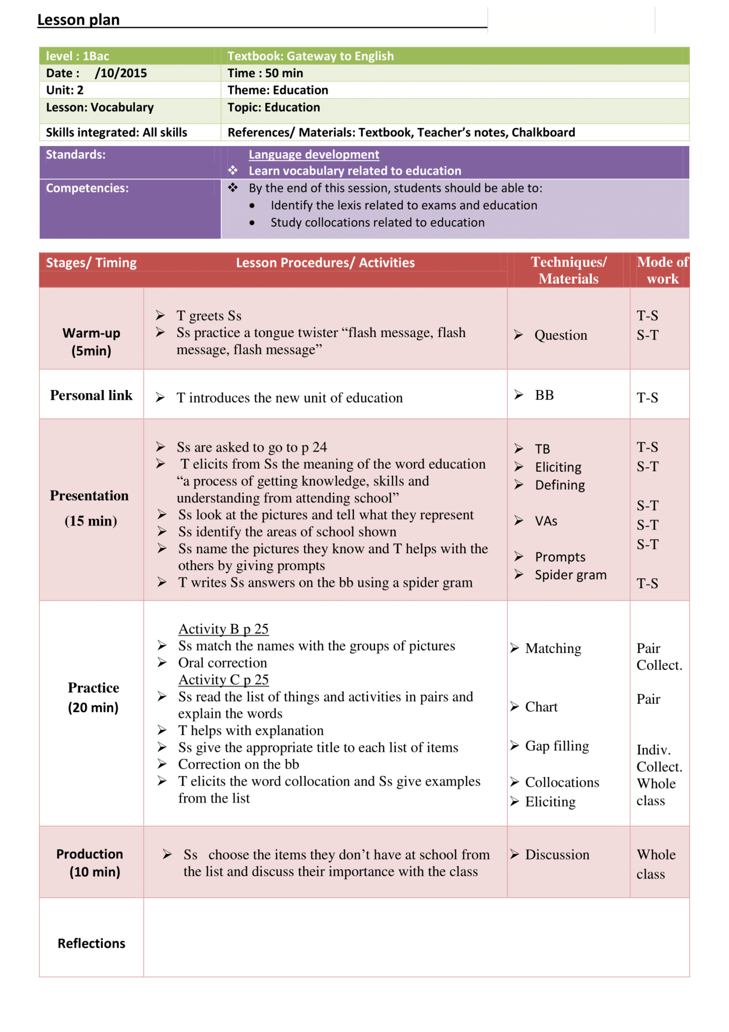 1st Bac - Lesson Plan-Vocabulary-Education - Teachingutopians