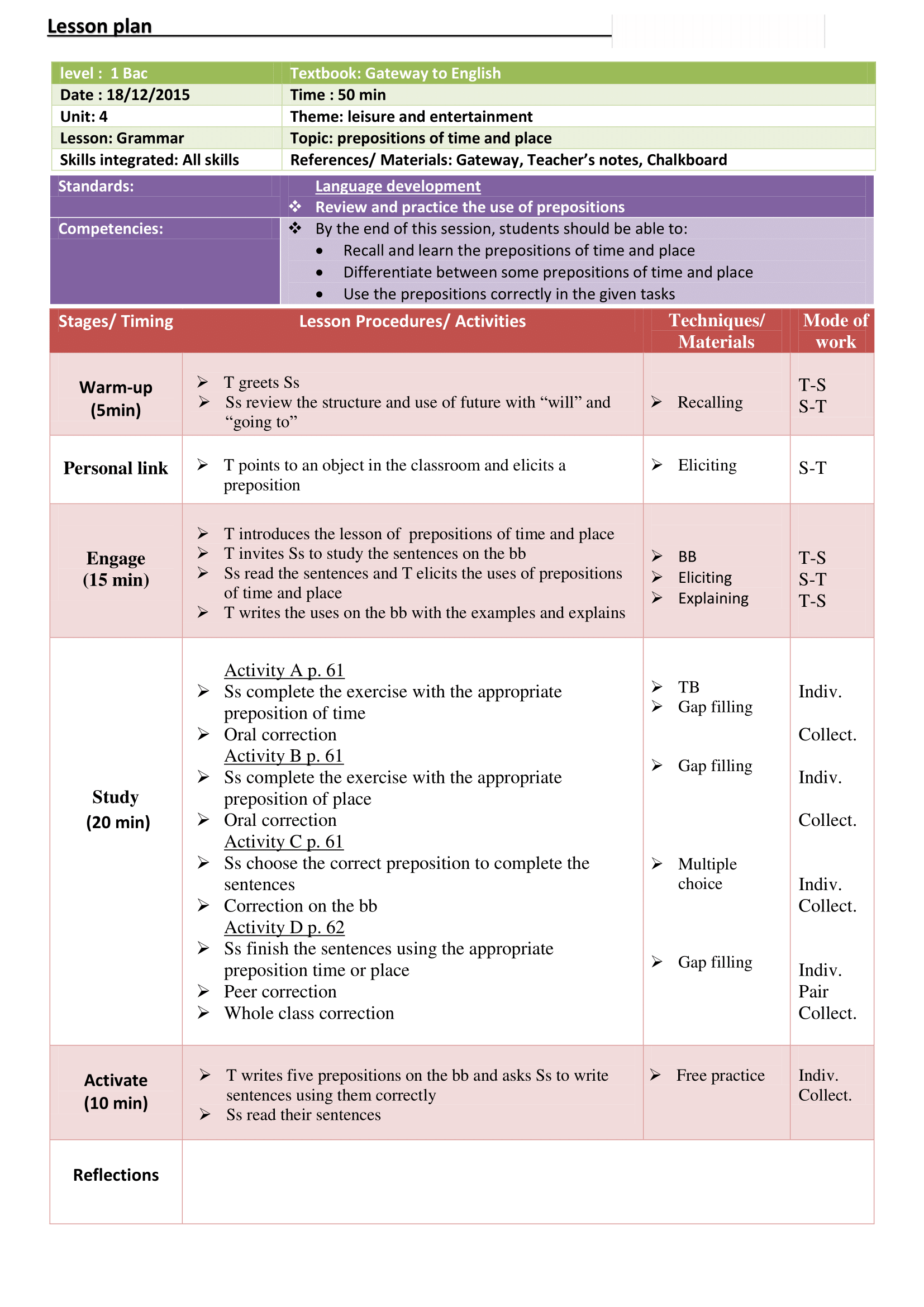 1st Bac- Lesson Plan-Grammar-Preposition - Teachingutopians