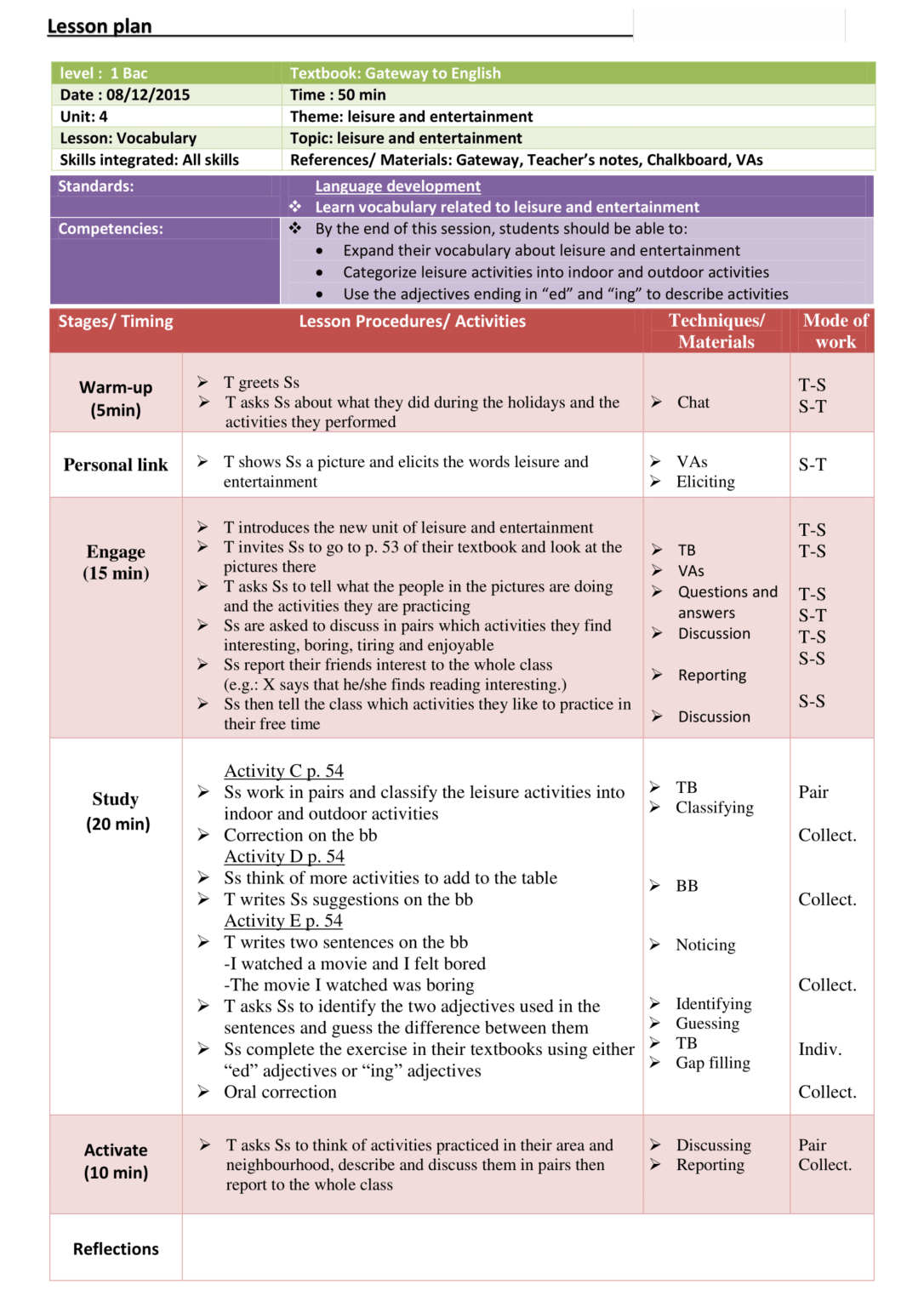 1st Bac - Lesson Plan-VocabularyLeisure And Entertainment ...