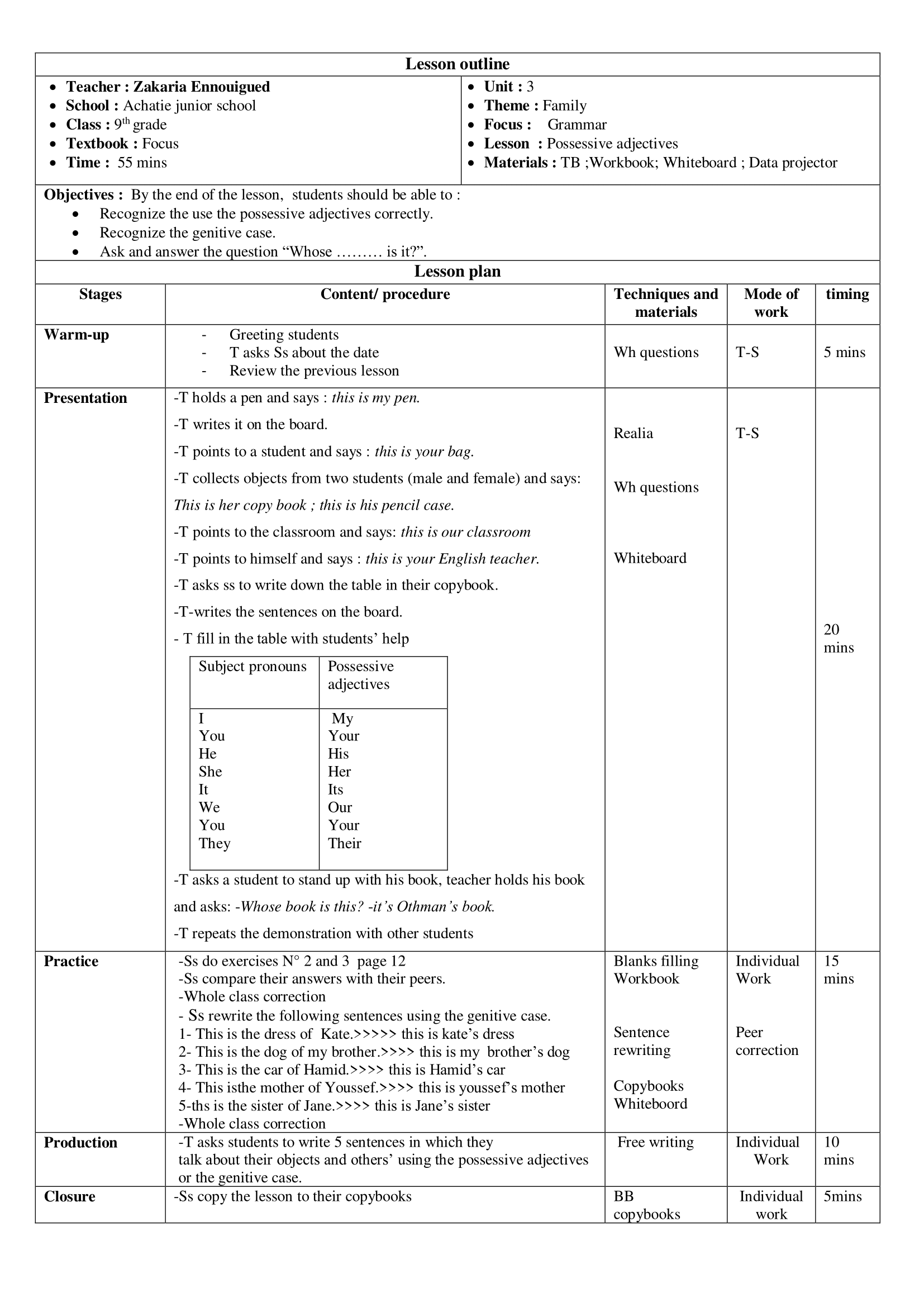 Lesson Plan Grammar Possessive Adjectives Teachingutopians