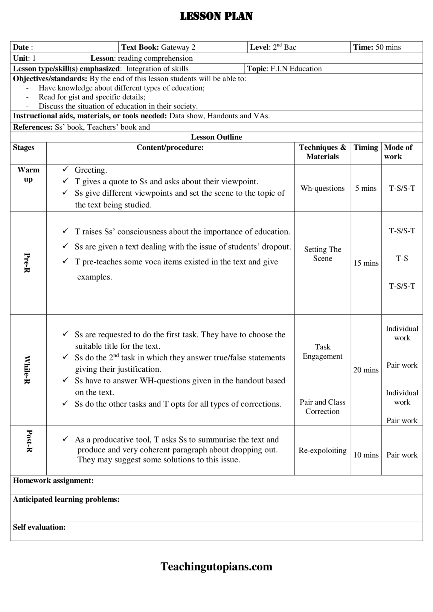 Lesson plan-Reading about Education - Teachingutopians