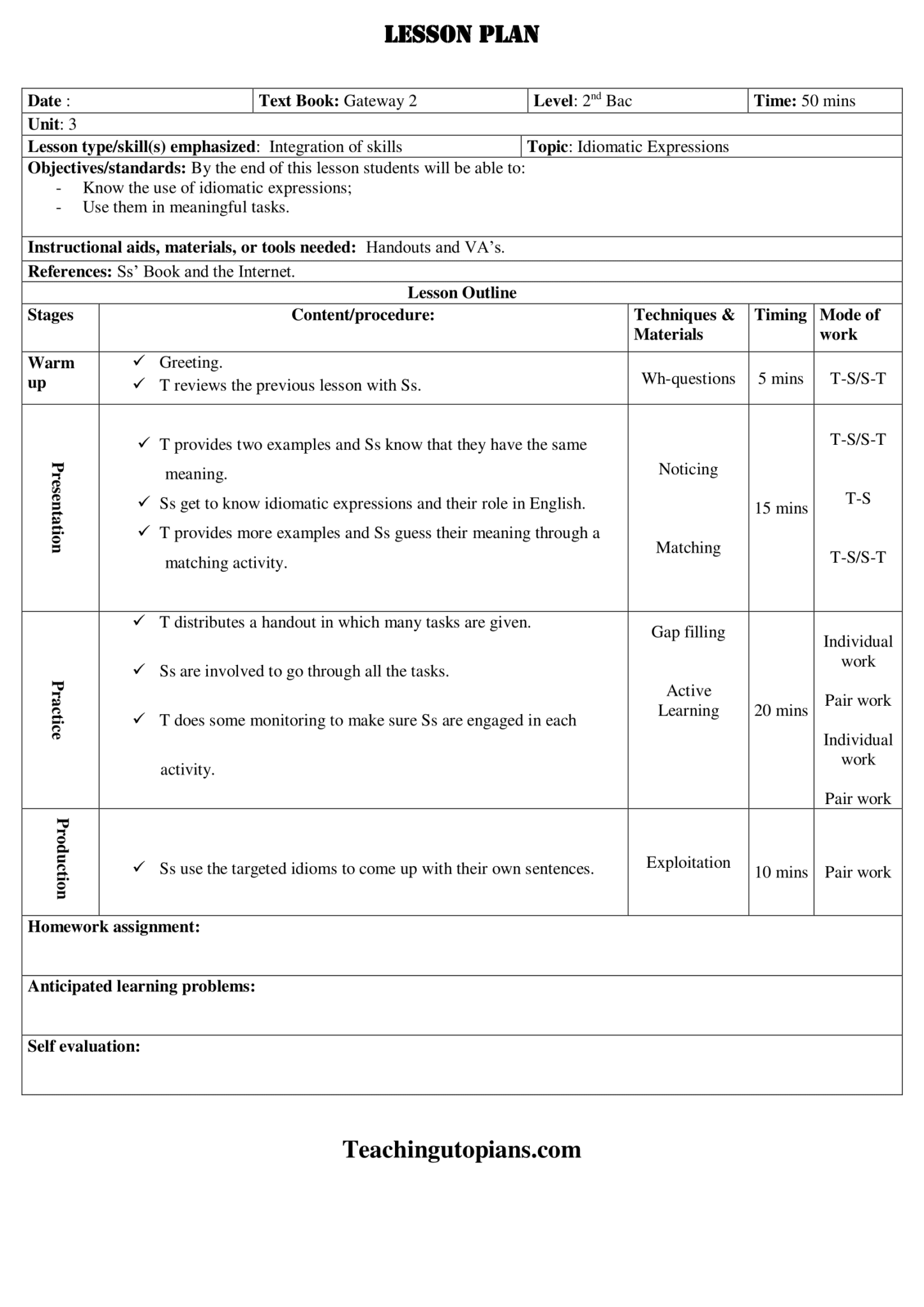 Lesson plan-Grammar-Idiomatic Expressions - Teachingutopians