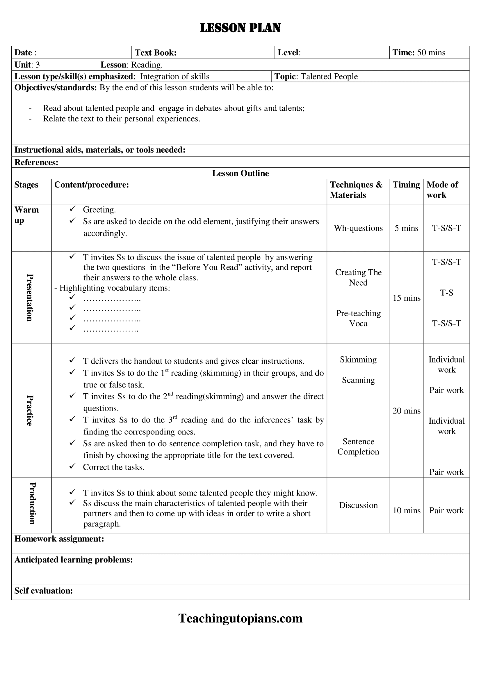 Lesson Plan Reading Teachingutopians