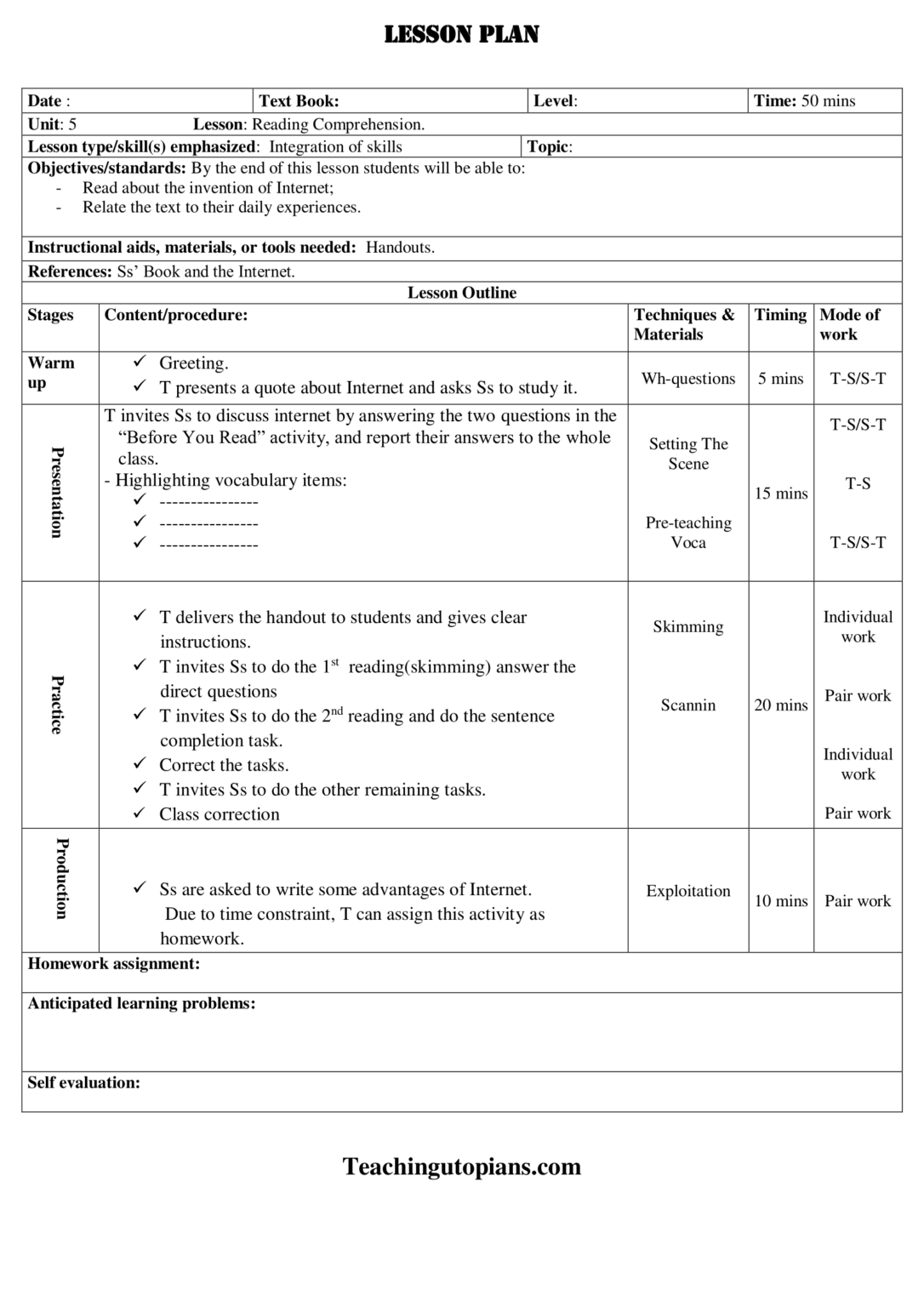 Lesson Plan Reading Teachingutopians