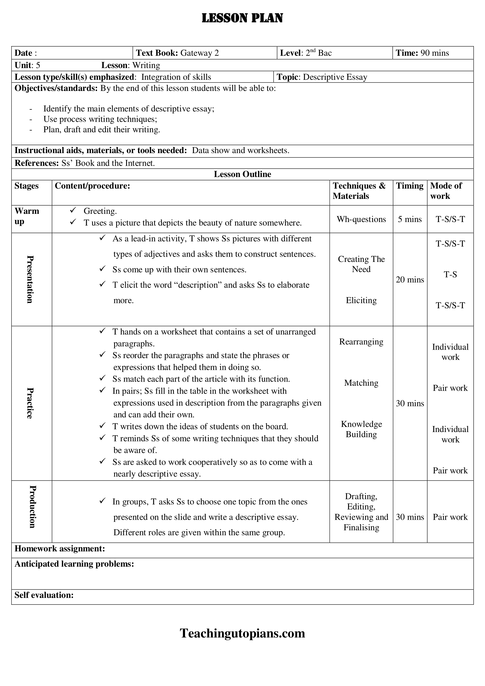 descriptive essay writing lesson plan